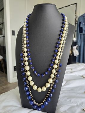 Layered Navy Blue and Cream Beaded Statement Necklace
